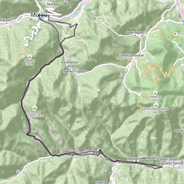 Miniatura della mappa di ispirazione al ciclismo "Passeggiata in bici da Murau a Laßnitzbach e ritorno" nella regione di Steiermark, Austria. Generata da Tarmacs.app, pianificatore di rotte ciclistiche