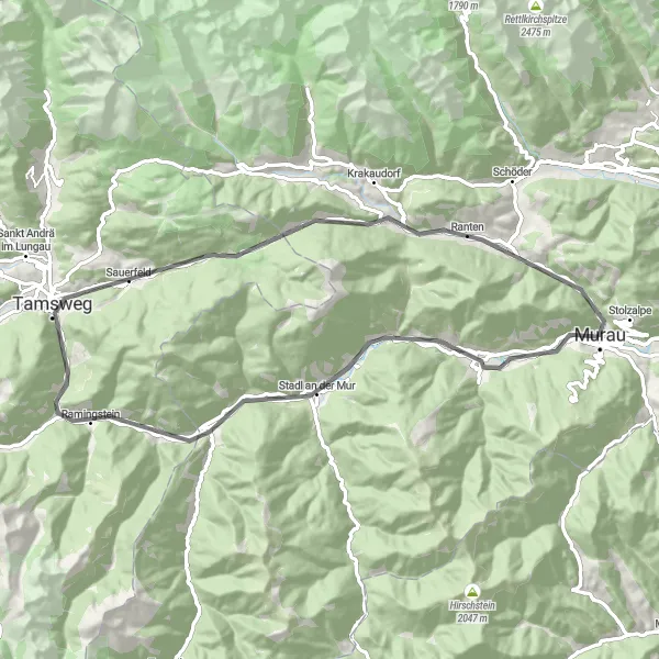 Mapa miniatúra "Cyklotúra okolo Murau" cyklistická inšpirácia v Steiermark, Austria. Vygenerované cyklistickým plánovačom trás Tarmacs.app