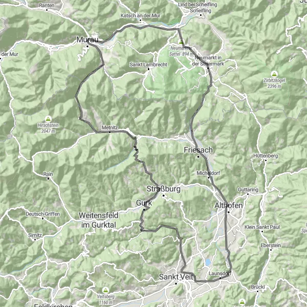 Map miniature of "Murau to Althofen Road Cycling Route" cycling inspiration in Steiermark, Austria. Generated by Tarmacs.app cycling route planner