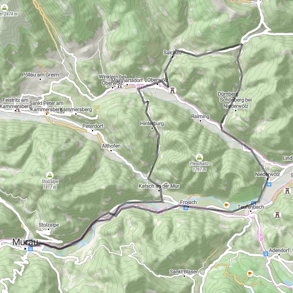 Mapa miniatúra "Okruh cez Burgruine Katsch a Predigtstuhl" cyklistická inšpirácia v Steiermark, Austria. Vygenerované cyklistickým plánovačom trás Tarmacs.app