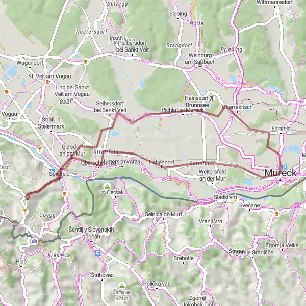 Mapa miniatúra "Gravelová trasa cez Spielfeld" cyklistická inšpirácia v Steiermark, Austria. Vygenerované cyklistickým plánovačom trás Tarmacs.app