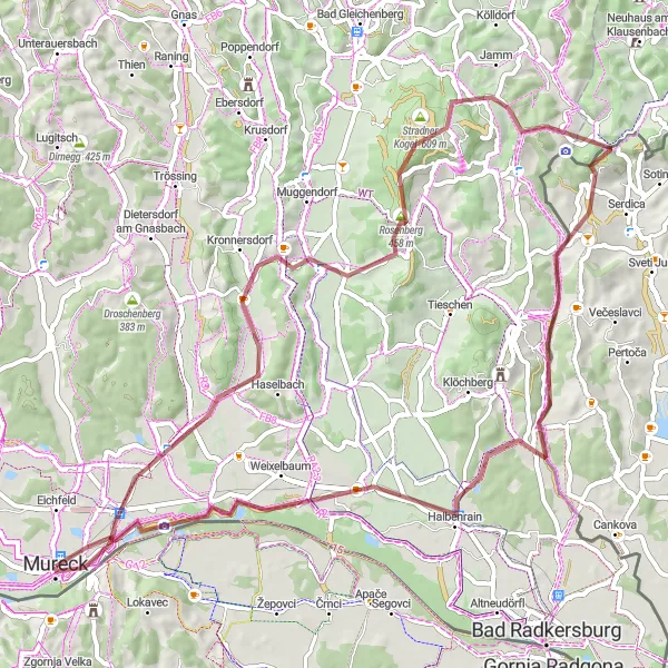 Karttaminiaatyyri "Gravel-reitti haastaville poluille" pyöräilyinspiraatiosta alueella Steiermark, Austria. Luotu Tarmacs.app pyöräilyreittisuunnittelijalla