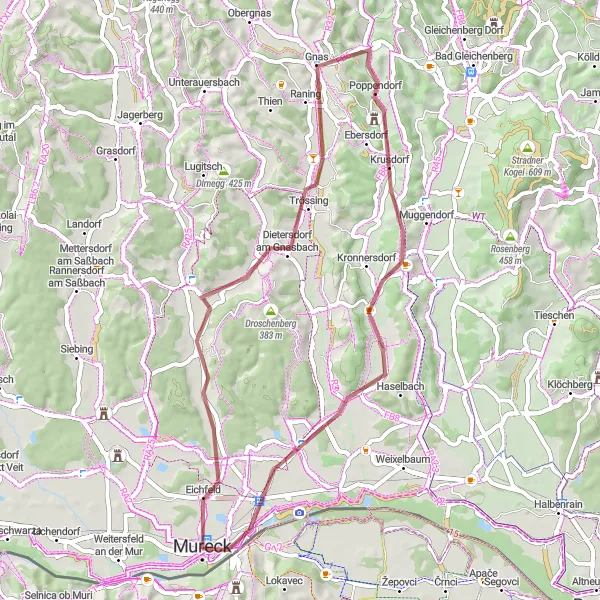 Zemljevid v pomanjšavi "Gravel routes from Mureck" kolesarske inspiracije v Steiermark, Austria. Generirano z načrtovalcem kolesarskih poti Tarmacs.app