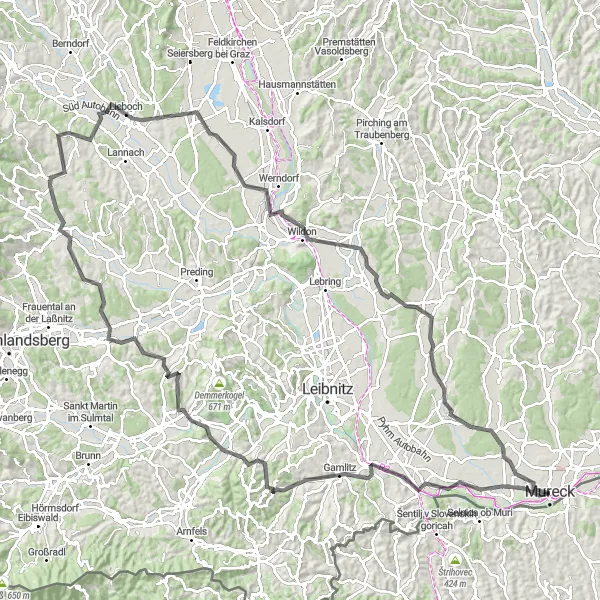 Miniaturní mapa "Cyklotrasa kolem Murecku a Spielfeldu" inspirace pro cyklisty v oblasti Steiermark, Austria. Vytvořeno pomocí plánovače tras Tarmacs.app