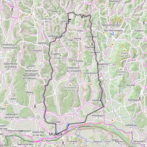 Miniature de la carte de l'inspiration cycliste "Tour à vélo vers Straden depuis Mureck" dans la Steiermark, Austria. Générée par le planificateur d'itinéraire cycliste Tarmacs.app