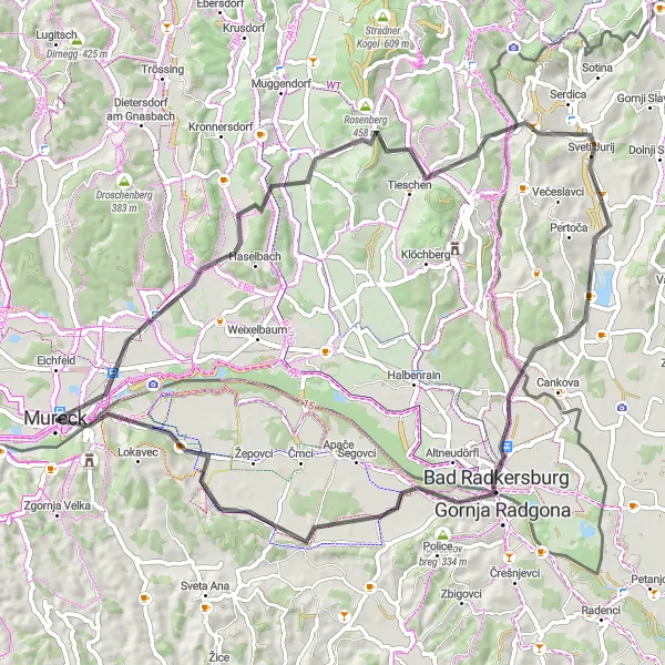 Miniatua del mapa de inspiración ciclista "Ruta de ciclismo de carretera Mureck-Gornja Radgona" en Steiermark, Austria. Generado por Tarmacs.app planificador de rutas ciclistas