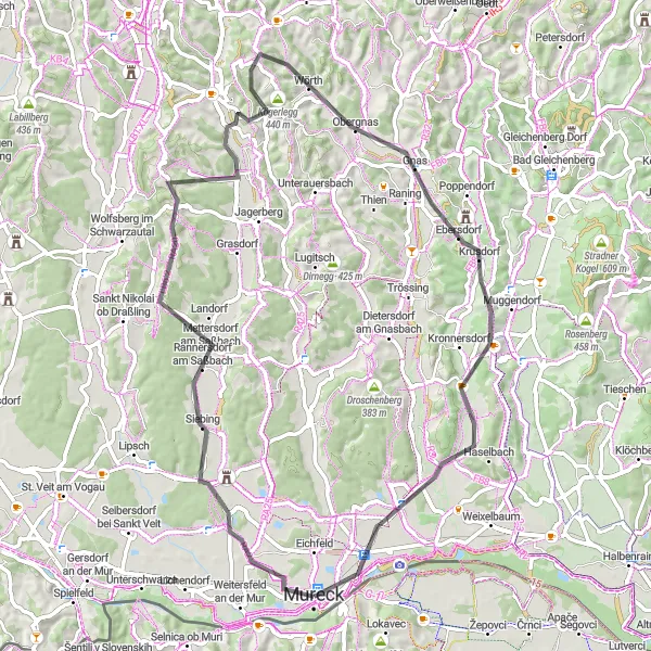 Miniaturní mapa "Okružní cyklotrasa z Murecku" inspirace pro cyklisty v oblasti Steiermark, Austria. Vytvořeno pomocí plánovače tras Tarmacs.app