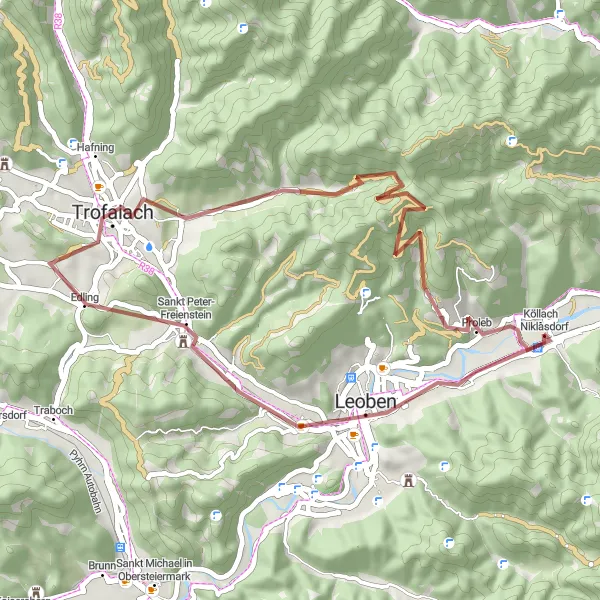 Karttaminiaatyyri "Gravel-seikkailu Leobenista Prolebiin" pyöräilyinspiraatiosta alueella Steiermark, Austria. Luotu Tarmacs.app pyöräilyreittisuunnittelijalla