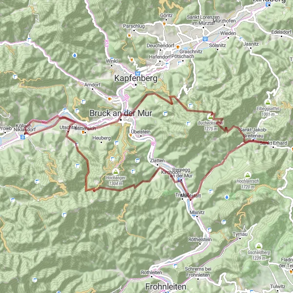 Zemljevid v pomanjšavi "Gravel Route: Niklasdorf - Bruck an der Mur - Aussichtsplattform - Bucheck - Hamreiterkogel - Pernegg an der Mur - Bei den drei Pfarren - Utschgraben - Köllach" kolesarske inspiracije v Steiermark, Austria. Generirano z načrtovalcem kolesarskih poti Tarmacs.app