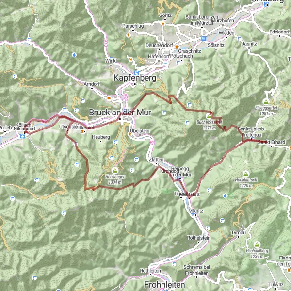 Miniatuurkaart van de fietsinspiratie "Gravel Avontuur in Pernegg an der Mur" in Steiermark, Austria. Gemaakt door de Tarmacs.app fietsrouteplanner