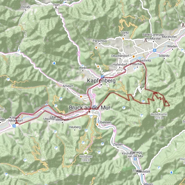 Karttaminiaatyyri "Kiehtovat maisemat ja historiaa" pyöräilyinspiraatiosta alueella Steiermark, Austria. Luotu Tarmacs.app pyöräilyreittisuunnittelijalla