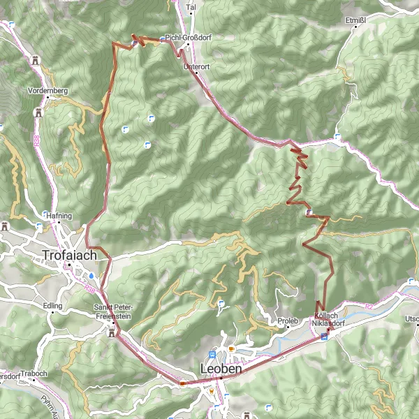 Zemljevid v pomanjšavi "Gravel Route: Niklasdorf - Leoben - Kulm - Planauerkogel - Pichl-Großdorf - Kletschachkogel - Köllach" kolesarske inspiracije v Steiermark, Austria. Generirano z načrtovalcem kolesarskih poti Tarmacs.app