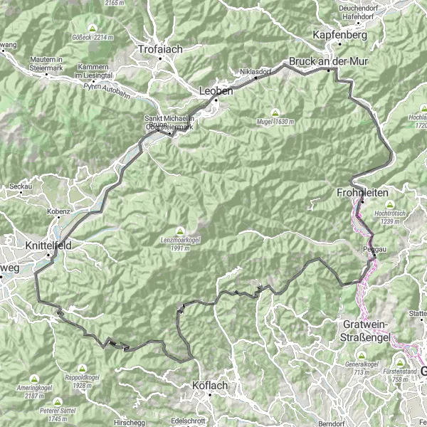 Zemljevid v pomanjšavi "Road Route: Niklasdorf - Bruck an der Mur - Aussichtsplattform - Juliuswarte - Frohnleiten - Kugelberg - Deutschfeistritz - Großstübing - Römaskogel - Graden - Burgruine Klingenstein - Plankogel - Sonnenberg - Sankt Margarethen bei Knittelfeld - Sankt Stefan ob Leoben - Liesingberg - Galgenberg - Leoben" kolesarske inspiracije v Steiermark, Austria. Generirano z načrtovalcem kolesarskih poti Tarmacs.app