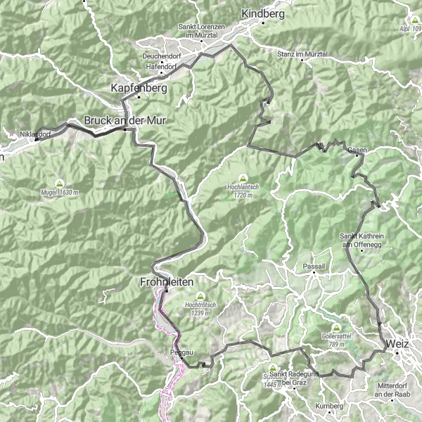 Miniatuurkaart van de fietsinspiratie "Wegroute door Bruck an der Mur en Straßegg" in Steiermark, Austria. Gemaakt door de Tarmacs.app fietsrouteplanner