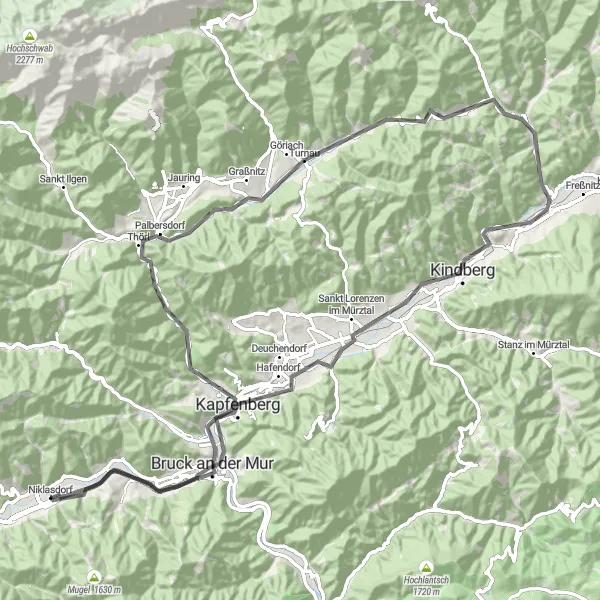 Map miniature of "Niklasdorf - Römerbrücke Adventure" cycling inspiration in Steiermark, Austria. Generated by Tarmacs.app cycling route planner