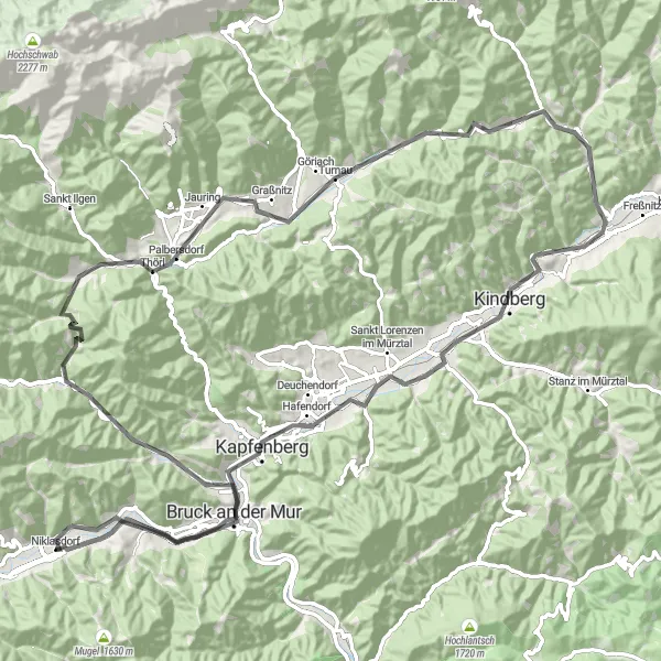 Miniatua del mapa de inspiración ciclista "Ruta escénica por Kirchenkogel y Burg Oberkapfenberg" en Steiermark, Austria. Generado por Tarmacs.app planificador de rutas ciclistas