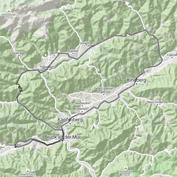 Mapa miniatúra "Road Tour do údolí" cyklistická inšpirácia v Steiermark, Austria. Vygenerované cyklistickým plánovačom trás Tarmacs.app