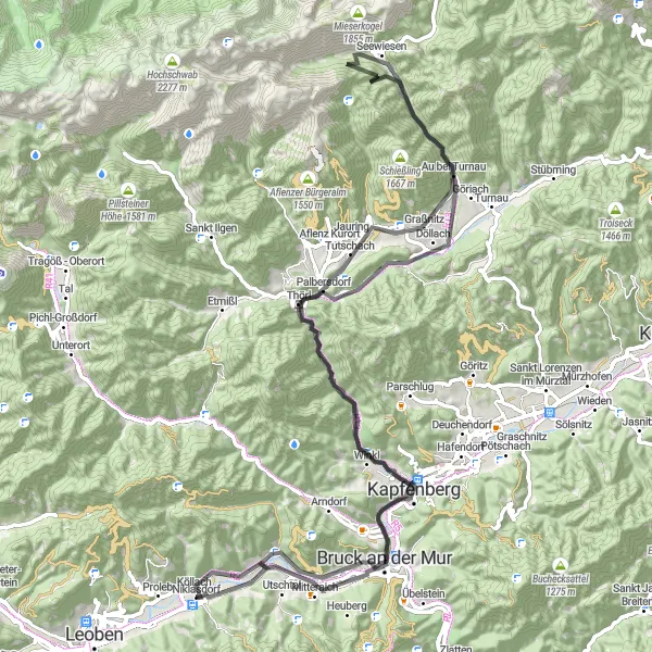 Miniaturní mapa "Niklasdorf - Dürrnberg - Bruck an der Mur - Einödriegel - Tutschach - Seewiesen - Kleiner Feistringstein - Schöckel - Thörl - Kapfenberg - Diemlachkogel - Oberaich - Niklasdorf" inspirace pro cyklisty v oblasti Steiermark, Austria. Vytvořeno pomocí plánovače tras Tarmacs.app