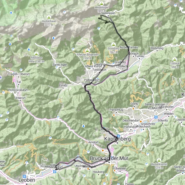 Miniaturekort af cykelinspirationen "Historiske byer og naturskønne ruter" i Steiermark, Austria. Genereret af Tarmacs.app cykelruteplanlægger