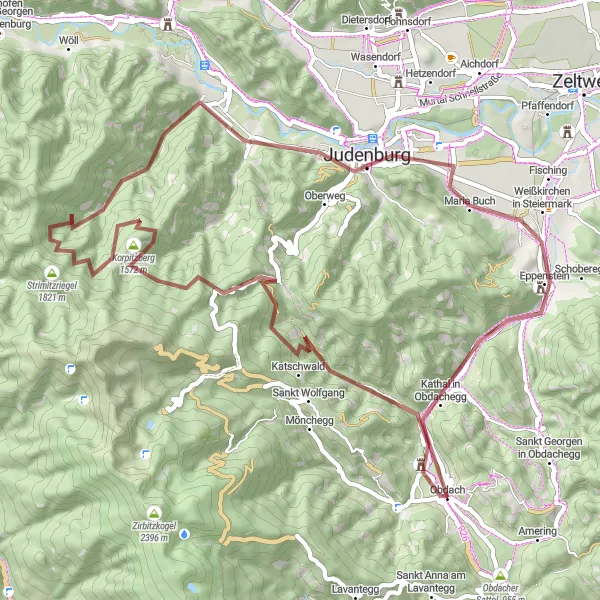 Map miniature of "Hidden Gravel Gems near Obdach" cycling inspiration in Steiermark, Austria. Generated by Tarmacs.app cycling route planner