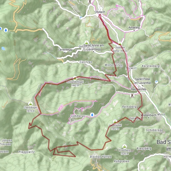 Miniaturekort af cykelinspirationen "Grusvejscykelrute fra Obdach til skovklædte bjerge" i Steiermark, Austria. Genereret af Tarmacs.app cykelruteplanlægger