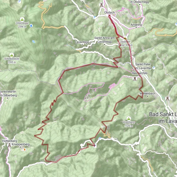 Map miniature of "Obdach Gravel Adventure" cycling inspiration in Steiermark, Austria. Generated by Tarmacs.app cycling route planner