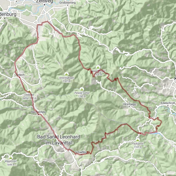 Miniatura della mappa di ispirazione al ciclismo "Giro in bicicletta su ghiaia da Obdach" nella regione di Steiermark, Austria. Generata da Tarmacs.app, pianificatore di rotte ciclistiche