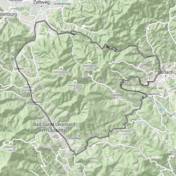 Miniatura della mappa di ispirazione al ciclismo "Giro in bici di 126 km da Obdach" nella regione di Steiermark, Austria. Generata da Tarmacs.app, pianificatore di rotte ciclistiche