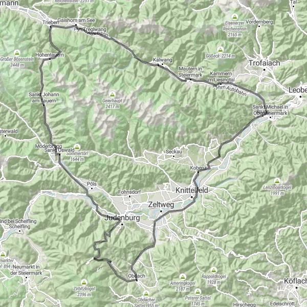 Map miniature of "Obdach to Birkenbichl Extended Loop" cycling inspiration in Steiermark, Austria. Generated by Tarmacs.app cycling route planner