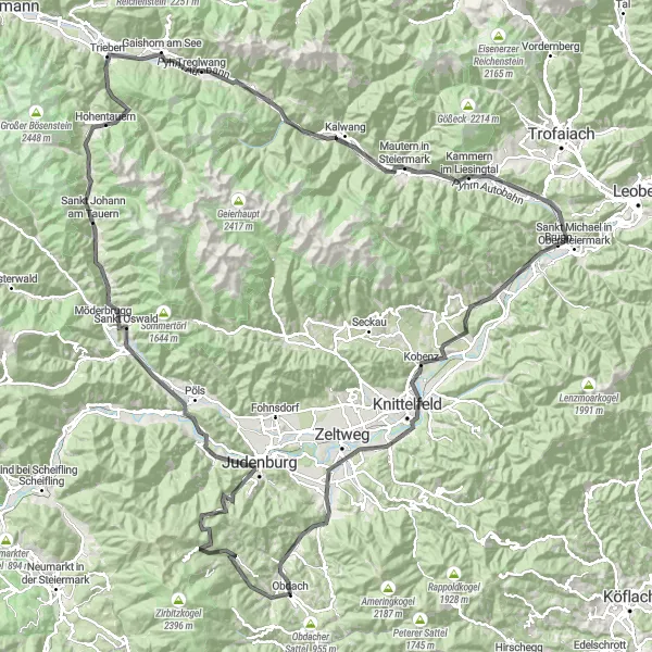 Miniatua del mapa de inspiración ciclista "Gran recorrido por Kalwang y Traboch" en Steiermark, Austria. Generado por Tarmacs.app planificador de rutas ciclistas