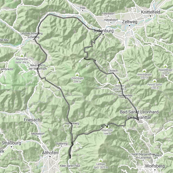 Map miniature of "Obdach Road Cycling Tour" cycling inspiration in Steiermark, Austria. Generated by Tarmacs.app cycling route planner