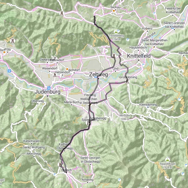 Miniaturní mapa "Cyklistická trasa kolem Obdachu (Steiermark)" inspirace pro cyklisty v oblasti Steiermark, Austria. Vytvořeno pomocí plánovače tras Tarmacs.app