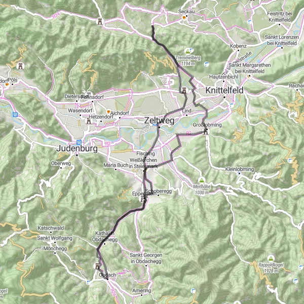 Miniatua del mapa de inspiración ciclista "Ruta de ciclismo de carretera de 62 km cerca de Obdach" en Steiermark, Austria. Generado por Tarmacs.app planificador de rutas ciclistas