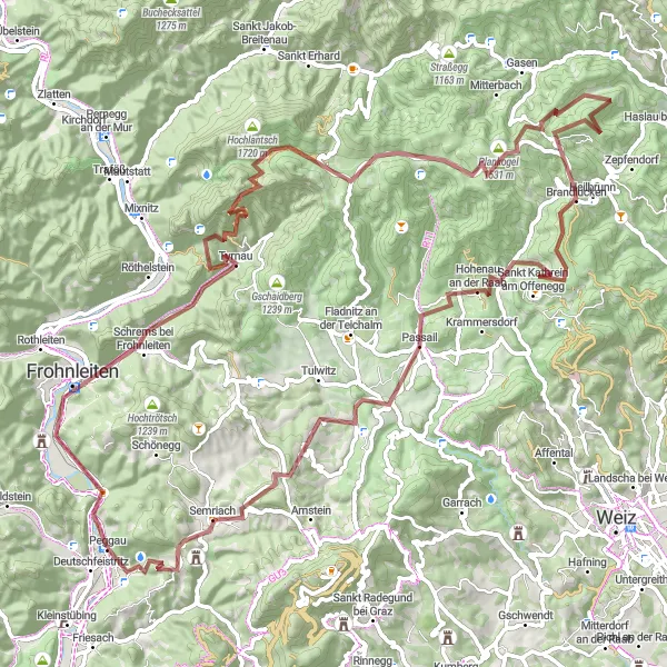 Miniatua del mapa de inspiración ciclista "Aventura extrema en bicicleta de grava por la región de Styria" en Steiermark, Austria. Generado por Tarmacs.app planificador de rutas ciclistas