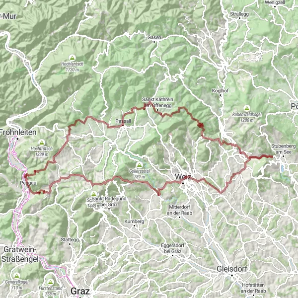 Map miniature of "Gravel Adventure through Peggau" cycling inspiration in Steiermark, Austria. Generated by Tarmacs.app cycling route planner