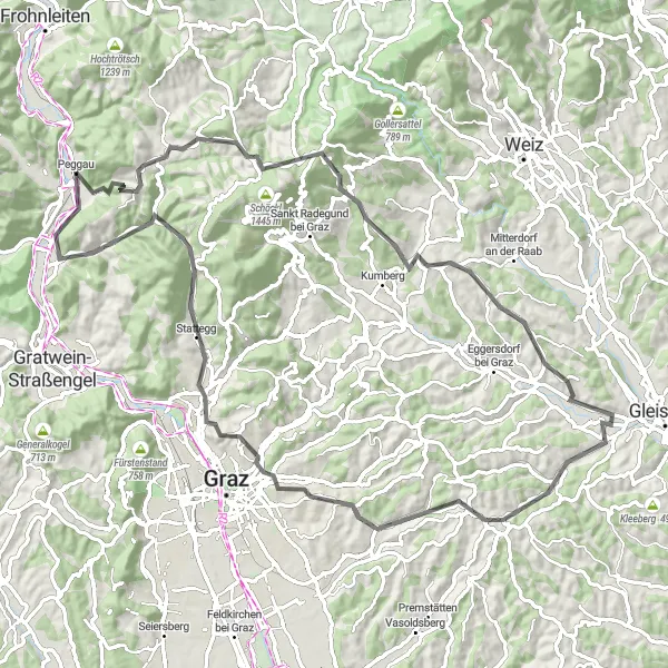 Miniatua del mapa de inspiración ciclista "Recorrido en bicicleta de carretera a través de las colinas de Styria" en Steiermark, Austria. Generado por Tarmacs.app planificador de rutas ciclistas