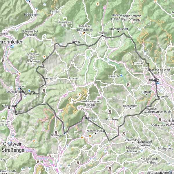 Miniatua del mapa de inspiración ciclista "Explora la región de Styria en bicicleta de carretera" en Steiermark, Austria. Generado por Tarmacs.app planificador de rutas ciclistas