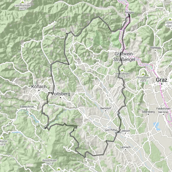 Mapa miniatúra "Náročný okruh cez Gratwein a Geistthal" cyklistická inšpirácia v Steiermark, Austria. Vygenerované cyklistickým plánovačom trás Tarmacs.app