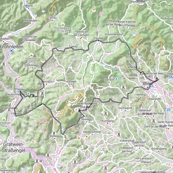 Miniatua del mapa de inspiración ciclista "Aventura ciclista en camino de grava" en Steiermark, Austria. Generado por Tarmacs.app planificador de rutas ciclistas