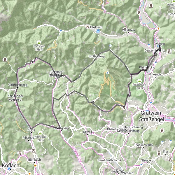Miniatua del mapa de inspiración ciclista "Ruta desafiante por carreteras" en Steiermark, Austria. Generado por Tarmacs.app planificador de rutas ciclistas
