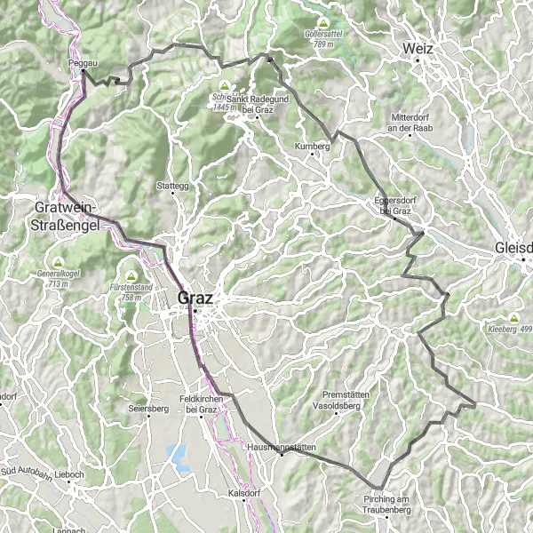 Map miniature of "The Challenging Peggau Loop" cycling inspiration in Steiermark, Austria. Generated by Tarmacs.app cycling route planner