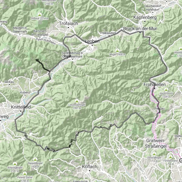 Miniatura della mappa di ispirazione al ciclismo "Avventura ciclistica da Großlobming a Leoben" nella regione di Steiermark, Austria. Generata da Tarmacs.app, pianificatore di rotte ciclistiche