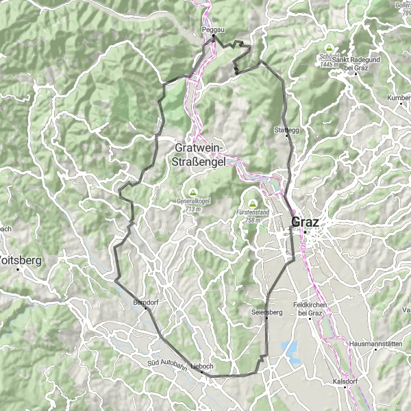 Map miniature of "The Hilltops and Villages Loop" cycling inspiration in Steiermark, Austria. Generated by Tarmacs.app cycling route planner
