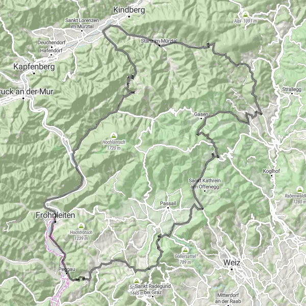 Miniaturní mapa "Okružní cyklistická trasa z Peggau" inspirace pro cyklisty v oblasti Steiermark, Austria. Vytvořeno pomocí plánovače tras Tarmacs.app