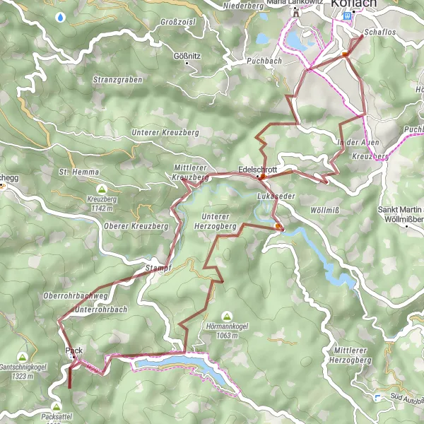 Mapa miniatúra "Gravel okruh cez Pack a Edelschrott" cyklistická inšpirácia v Steiermark, Austria. Vygenerované cyklistickým plánovačom trás Tarmacs.app