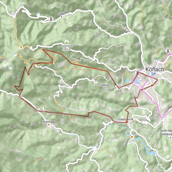 Karttaminiaatyyri "Mittlerer Kreuzberg - Zigöllerkogel Venture" pyöräilyinspiraatiosta alueella Steiermark, Austria. Luotu Tarmacs.app pyöräilyreittisuunnittelijalla