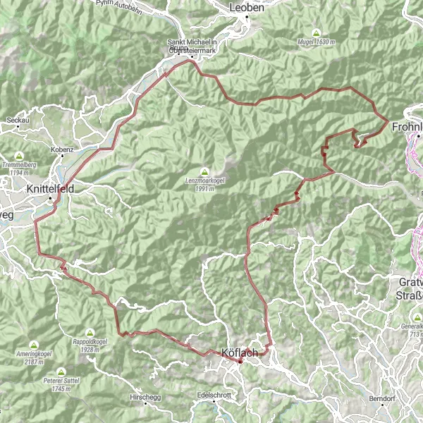 Miniatura della mappa di ispirazione al ciclismo "Avventura in bicicletta su sterrato tra Sonnenberg e Pöllasattel" nella regione di Steiermark, Austria. Generata da Tarmacs.app, pianificatore di rotte ciclistiche