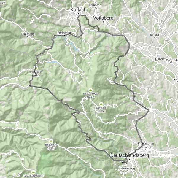 Zemljevid v pomanjšavi "Raziščite Kraško Regijo Deutschlandsberg" kolesarske inspiracije v Steiermark, Austria. Generirano z načrtovalcem kolesarskih poti Tarmacs.app