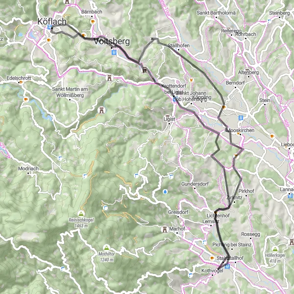 Miniatura della mappa di ispirazione al ciclismo "Giro in bicicletta stradale da Pichling bei Köflach" nella regione di Steiermark, Austria. Generata da Tarmacs.app, pianificatore di rotte ciclistiche