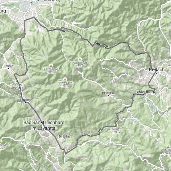 Miniatura della mappa di ispirazione al ciclismo "Tour ciclistico su strada verso Bad Sankt Leonhard im Lavanttal" nella regione di Steiermark, Austria. Generata da Tarmacs.app, pianificatore di rotte ciclistiche